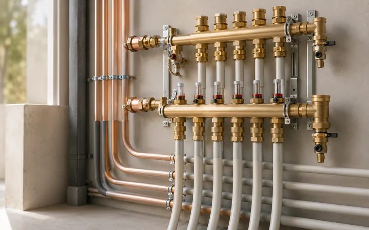 Sauber verlegte Trinkwasser-Rohrleitungen an einem Verteiler