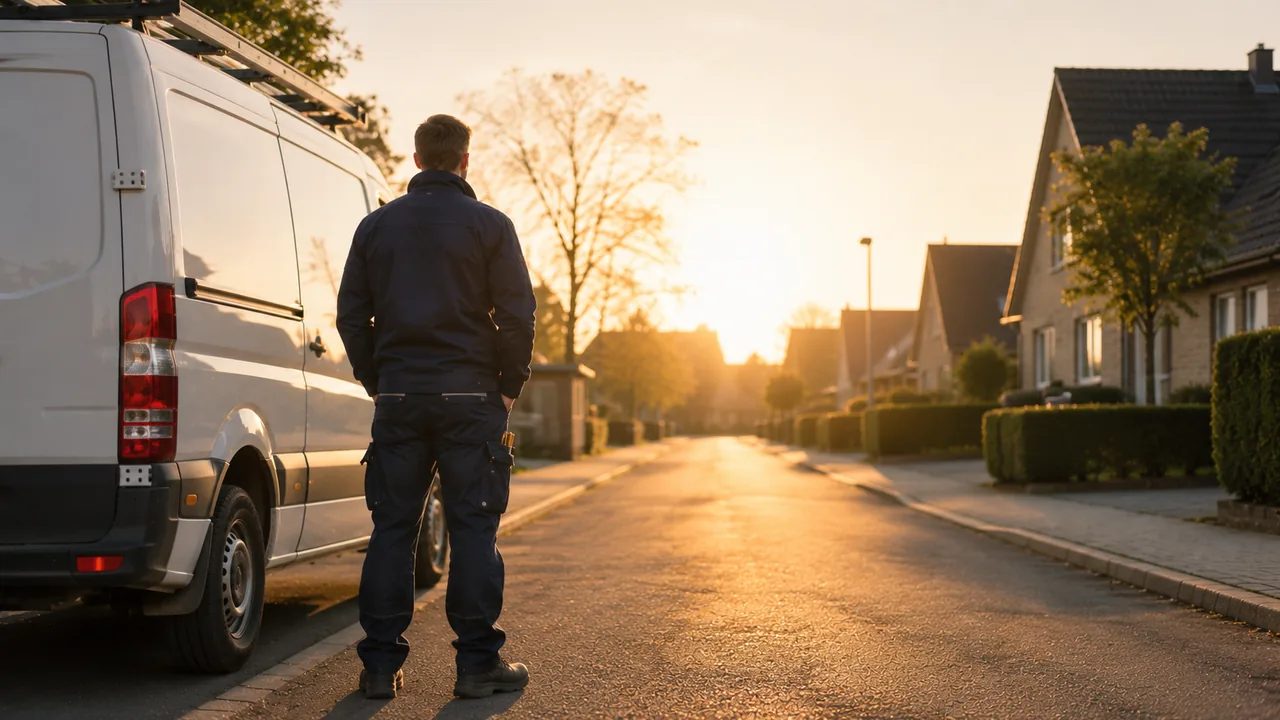 Handwerker von Tews Gebäudetechnik am Firmenwagen im Wohngebiet